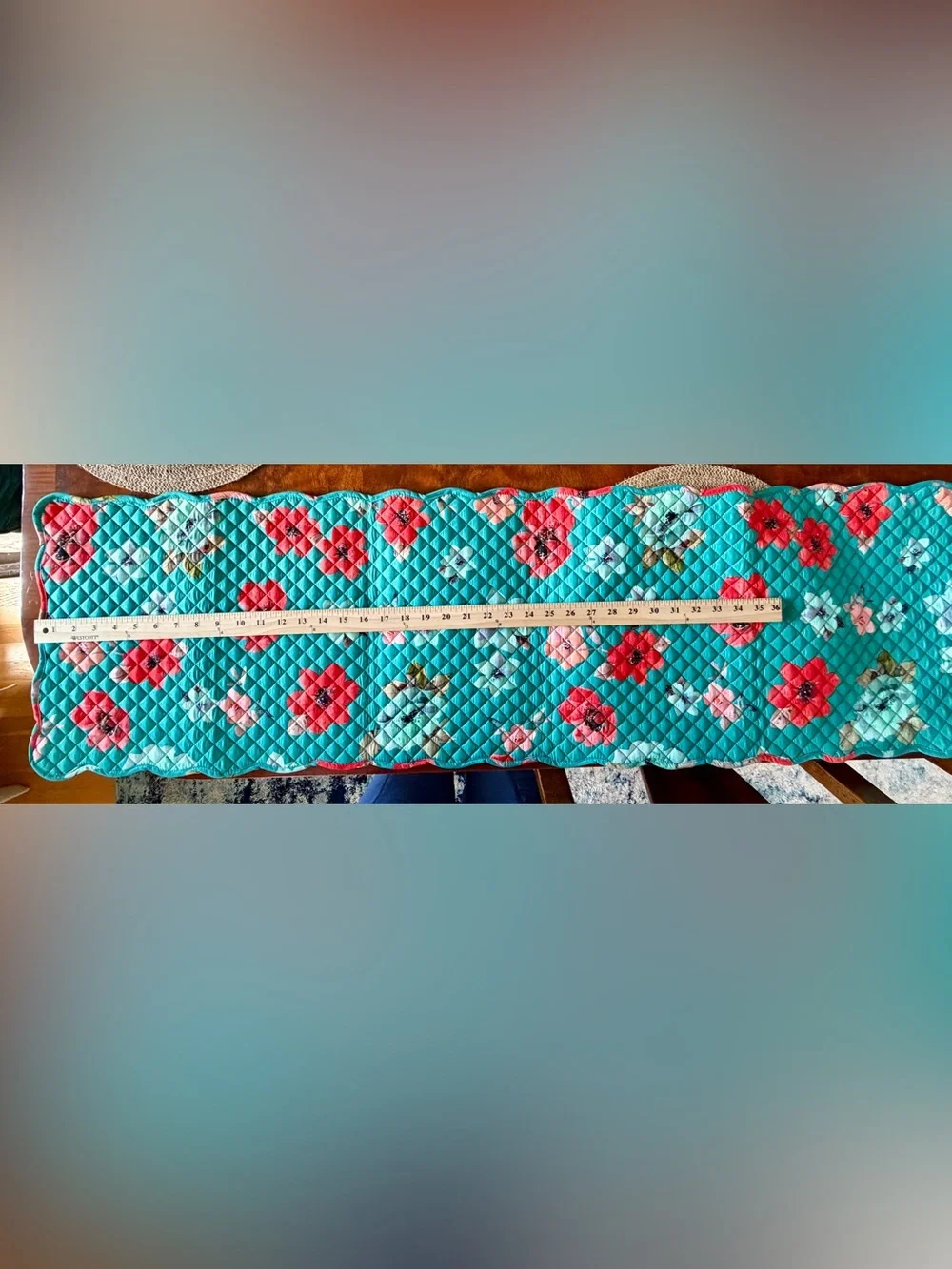 Reversible Quilted Floral Table Runner 4 Placemats Set Teal Cottagecore